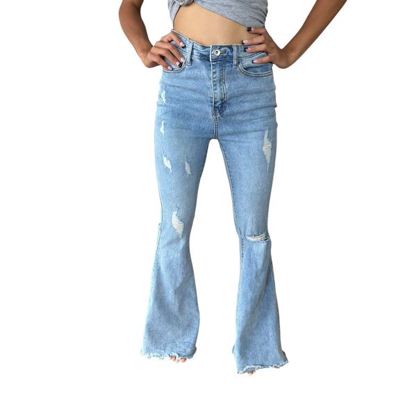 Skinny Fries Flare Jeans Womens Size 5 Hi Waist Distressed Retro 70s Grunge Boho - Picture 7 of 12